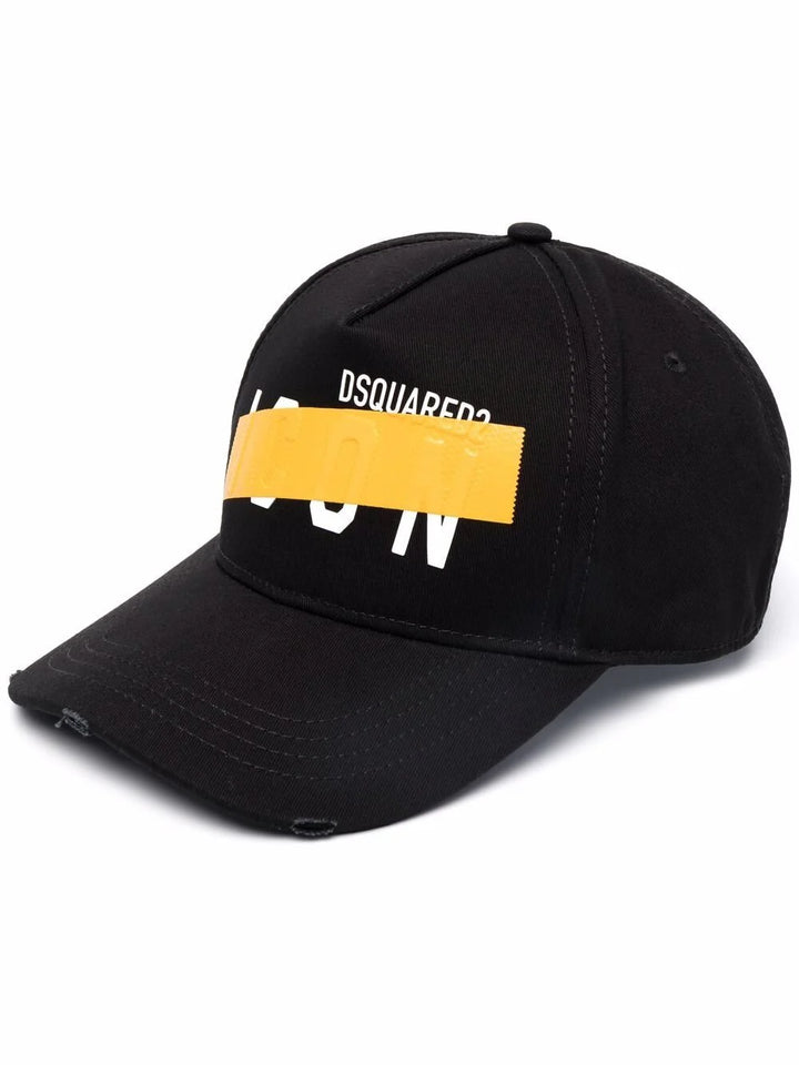 DSQUARED2 TAPED BE ICON SIX-PANEL CAP IN BLACK & YELLOW